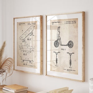 Conjunto de 2 láminas de patineta y scooter, arte mural retro, pósteres de patinaje, decoración de sala de juegos, lámina de pared para sala de juegos
