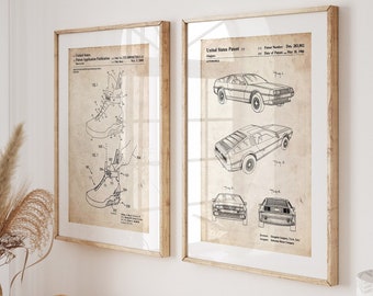 Movie Set Of 2 Patent Prints, Delorean Poster, Mag Trainers Artwork, Film Wall Art, Retro Movie Decor