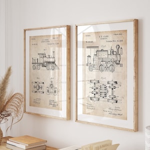 Train Set Of 2 Patent Prints, Railway Poster, Steam Train Gifts, Locomotive Wall Art, Game Room Decor, Playroom Art, Man Cave Print