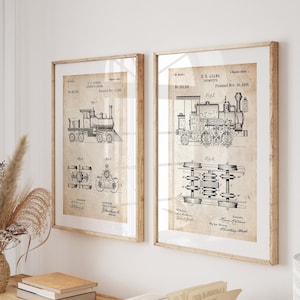 Steam Train Set Of 2 Patent Prints, Railway Poster, Steam Train Gifts, Locomotive Wall Art, Game Room Decor, Playroom Art, Man Cave Print