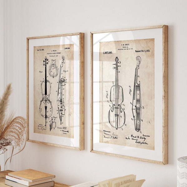 String instrument set van 2 patent prints, muziek kamer decor, Studio Wall Art, slaapkamer poster, muzikant geschenk, viool cello artwork