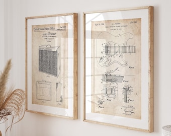 Stratocaster Guitar and Amplifier Patent Prints, Music Room Decor