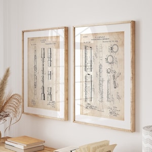 Clarinet Set Of 2 Patent Prints, Music Room Decor, Studio Wall Art, Bedroom Poster, Musician Gift, Teacher Gift, Instrument Artwork