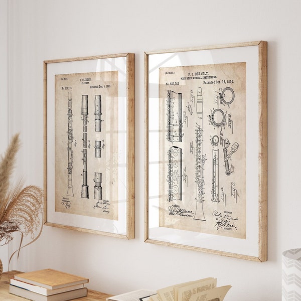 Clarinet Set Of 2 Patent Prints, Music Room Decor, Studio Wall Art, Bedroom Poster, Musician Gift, Teacher Gift, Instrument Artwork