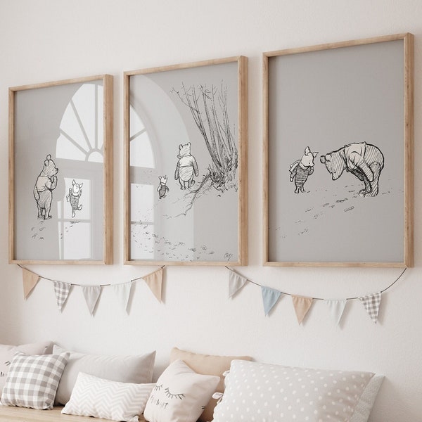 Juego de 3 láminas de Winnie the Pooh, decoración infantil, arte mural para sala de juegos, regalo personalizado para bebé, obra de arte para habitación infantil, regalo para baby shower