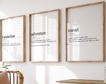 Reise Wandkunst, 3er Set Definition Drucke, Büro Dekor, Wohnheim Kunstwerk, Schlafzimmer Drucke, Wohnzimmer Kunst, Wanderlust Poster, Abenteuer Geschenk