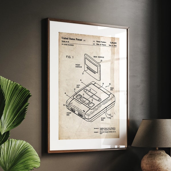 SNES 1993 Patent Print, Gaming Wall Art, Gamer Decor, Bedroom Posters, Dorm Decor, Retro Console Artwork