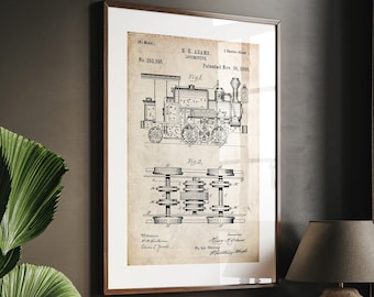 Steam Locomotive Train 1886 Patent Print, Railway Poster, Steam Train Gifts, Locomotive Wall Art, Game Room Decor, Playroom Art, Man Cave