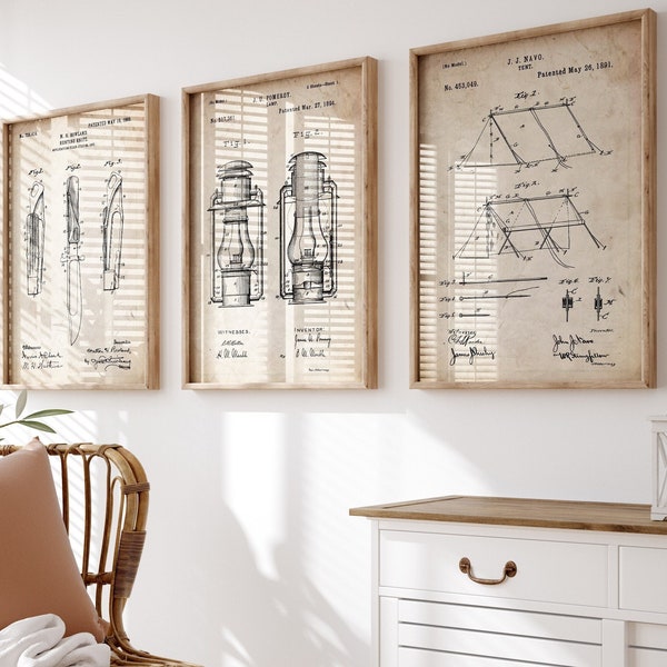 Camping Set Of 3 Patent Prints, Scouts Wall Art, Scout Leader Gift, Retirement Present, Man Cave Print, Shed Art