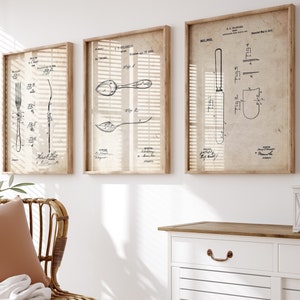 Dining Room Set Of 3 Patent Prints, Cutlery Art, Kitchen Wall Art, Restaurant Print, Cafe Artwork