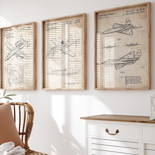 Gevechtsvliegtuig vliegtuigen set van 3 patent prints, luchtvaart kunst aan de muur, vliegtuig poster, luchtmacht geschenk, piloot geschenken, vliegtuigen kunst, Office decor