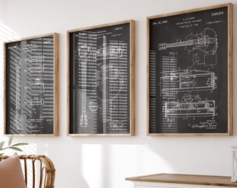 Electric Guitar Patent Prints, Music Room Wall Art, Set of 3