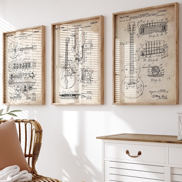 Gibson Les Paul Guitar and ES-335 Set Of 3 Patent Prints, Guitarist Gifts, Music Room Decor, Studio Wall Art, Bedroom Posters, Musician