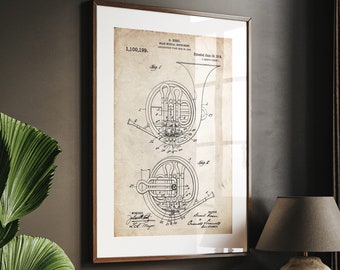 French Horn Patent Print, 1914 Blueprint, Music Room Decor