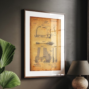 Impression brevet 1900 de scie à main, menuiserie, oeuvre d&#39;art murale de bureau, décoration homme des cavernes, cadeaux menuiserie, affiches de garage