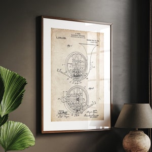 Stampa del brevetto del corno francese del 1914, decorazione per sala musica, decorazione da parete per studio, poster per camera da letto, regalo per musicisti, regalo per insegnanti, opera d'arte per strumenti musicali