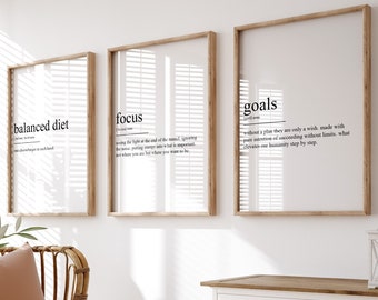 Könnte beinhalten: Ein weißer Schrank mit zwei Schubladen und zwei Türen, ein Korbstuhl mit einer braunen Wolldecke und einem Kissen sowie drei gerahmte Drucke mit den Worten "balanced diet", "focus" und "goals" an einer weißen Wand.