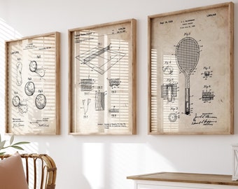 Tennis Set Of 3 Patent Prints, Sports Decor, Bedroom Wall Art, Sports Bar Posters, Player Gift, Games Room Artwork, Office Prints