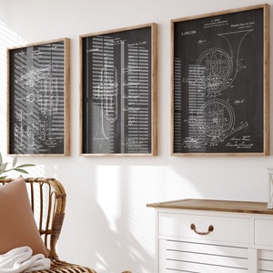Brass Musical Instrument Set Of 3 Patent Prints, Music Room Decor, Studio Wall Art, Bedroom Poster, Musician Gift, Player Present, Artwork