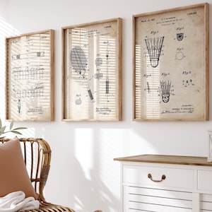 Badminton Set Of 3 Patent Prints, Sports Decor, Bedroom Wall Art, Sports Bar Posters, Player Gift, Games Room Artwork