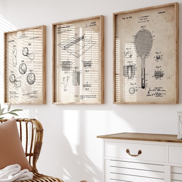 Tennis Set Of 3 Patent Prints, Sports Decor, Bedroom Wall Art, Sports Bar Posters, Player Gift, Games Room Artwork, Office Prints