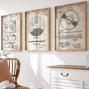 Vinyl Record Set Of 3 Patent Prints, Music Room Decor, Studio Wall Art, Bedroom Posters, Musician Gift, Office Artwork, Dorm Art