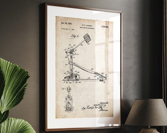 Stampa brevettuale del pedale della cassa del tamburo del 1951, arte murale in studio