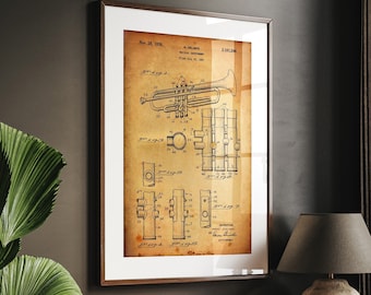 Trumpet Patent Print 1939 Patent Print, Music Room Decor, Studio Wall Art, Bedroom Poster, Musician Gift, Teacher Gifts, Instrument Artwork