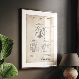 Dé 1923, impression de brevet, oeuvre d'art murale de salle de jeux, affiches rétro, décoration de chambre à coucher, oeuvre d'art de jeu de société