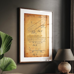 May include: A vintage-style print of a skateboard patent drawing. The drawing shows three different views of the skateboard, with the text "United States Patent" and the patent number at the top. The background is a faded yellow colour.