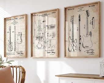 Bass Guitar Set Of 3 Patent Prints, Guitarist Gifts, Music Room Decor, Studio Wall Art, Bedroom Posters, Present For Musician