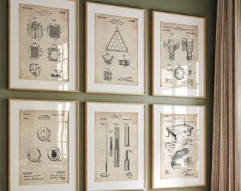 Pool Billiard Set Of 6 Patent Prints, Games Room Wall Art, 8 Ball Decor Pool, Player Poster Gifts