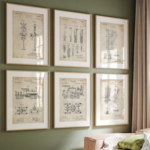 Juego de 6 láminas de tren patentadas, póster de ferrocarril, regalos de trenes de vapor, arte mural de locomotoras, decoración de salas de juegos, arte para la sala de juegos, lámina para la cueva del hombre