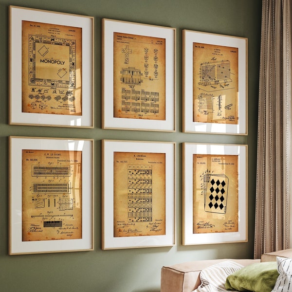 Board Games Set Of 6 Patent Prints, Games Room Wall Art, Retro Posters, Bedroom Decor, Board Game Art