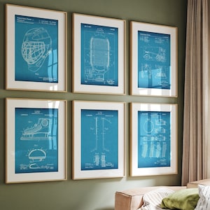 Ice Hockey Set Of 6 Patent Prints, Hockey Player Wall Art, Game Room Decor, Office Sports Poster, Pub Bar Artwork