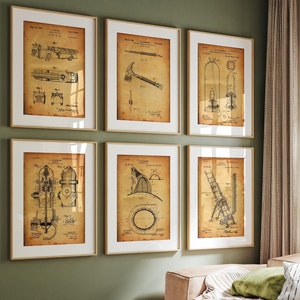 Set di 6 stampe di brevetti di pompieri, regalo per la pensione dei vigili del fuoco, decorazione d'epoca per l'ufficio dei vigili del fuoco, regalo per pompiere o pompiere