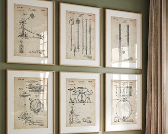 Drummer Set Of 6 Patent Prints, Music Room Wall Art, Band Poster, Studio Decor, Bedroom Prints, Dorm Artwork, Drum Gift