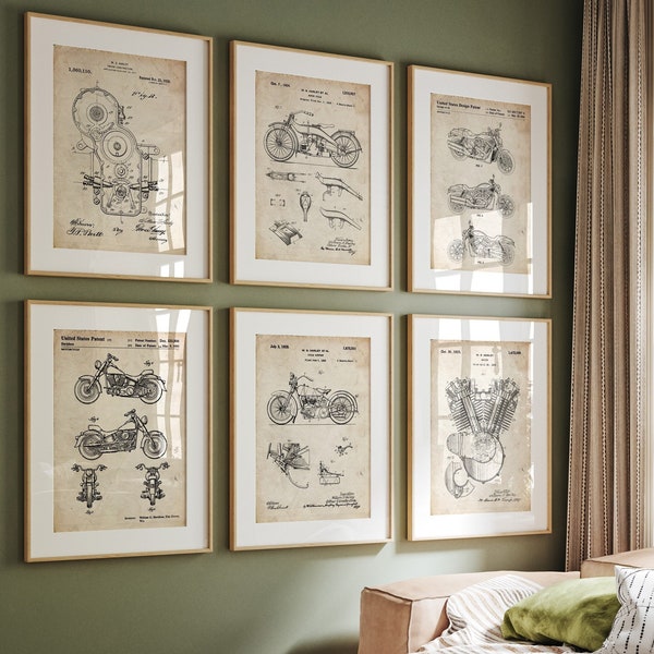 Harley Davidson Set mit 6 Patentdrucken, Motorrad-Wandkunst, Bikergeschenk, Motorrad-Poster, Garagendeko, Man-Cave-Kunst, Schlafzimmerdruck