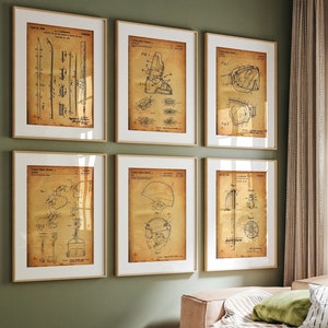 Skiing Set Of 6 Patent Prints, Snowboarding Wall Art, Skiing Decor, Ski Poster, Snowboarder Gift, Bedroom Prints, Cabin Decor