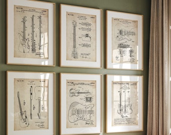 Fender Guitar Set Of 6 Patent Prints, Guitarist Gifts, Music Room Decor, Studio Wall Art, Bedroom Posters, Present For Musician