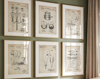 Kitchen Prints, Dining Room Wall Art, Restaurant Decor, Baker Gift, Baking Set Of 6 Patent Posters