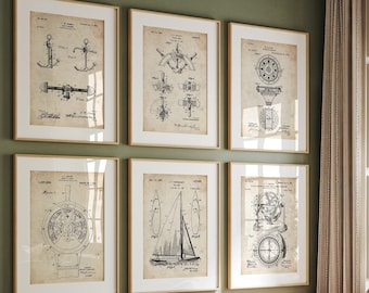 Sailing Set Of 6 Patent Prints, Nautical Decor, Boat Wall Art, Sailboat Posters, Sailor Gift, Beach House Artwork, Marine Print