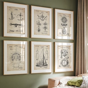 Sailing Set Of 6 Patent Prints, Nautical Decor, Boat Wall Art, Sailboat Posters, Sailor Gift, Beach House Artwork, Marine Print