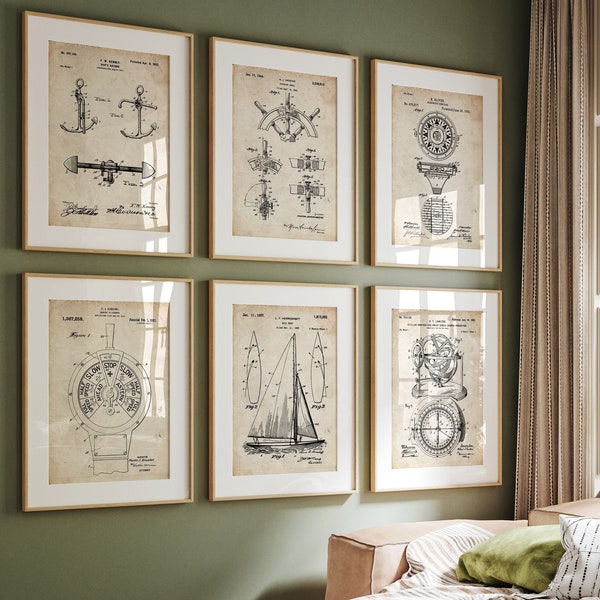 Sailing Set Of 6 Patent Prints, Nautical Decor, Boat Wall Art, Sailboat Posters, Sailor Gift, Beach House Artwork, Marine Print