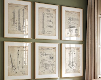 Guitar Set Of 6 Patent Prints, Guitarist Gifts, Music Room Decor, Studio Wall Art, Bedroom Posters, Present For Musician
