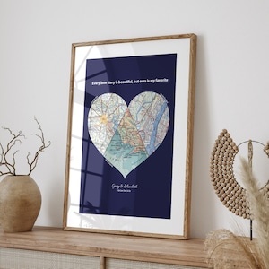 Personalised Heart Map Print, Custom Couples Gift, Customised Travel Wall Art 3 Locations, Personalized City Map Print, Country Map Poster