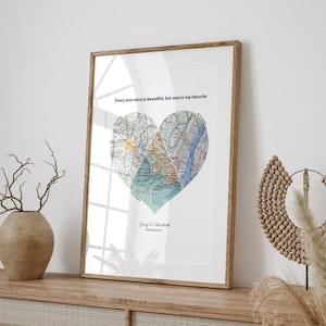Custom Heart Map Print, Personalised Couples Gift, Customised Travel Wall Art, 3 Locations, Personalized City Map Print, Country Map Poster