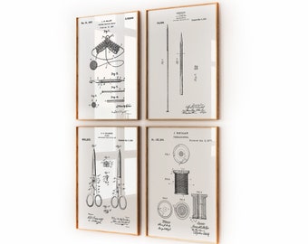 Knitting Set Of 4 Patent Prints, Sewing Wall Art Blueprint Decor Poster Gifts