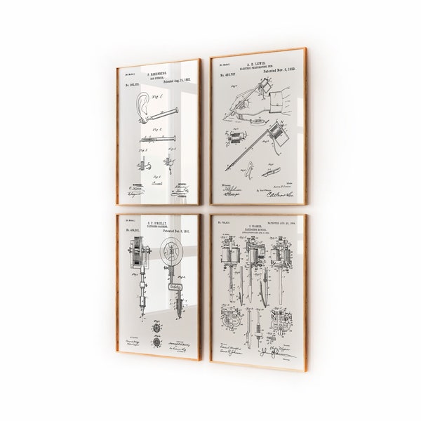 Tattoo And Ear Piercing Set Of 4 Patent Prints, Studio Wall Art, Tattooist Gift, Waiting Room Artwork, Vintage Posters, Hallway Print