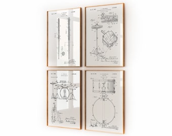 Drum Set of 4 Patent Prints, Music Room Decor, Studio Wall Art, Bedroom Poster, Drummer Gift, Player Gift, Drums Artwork